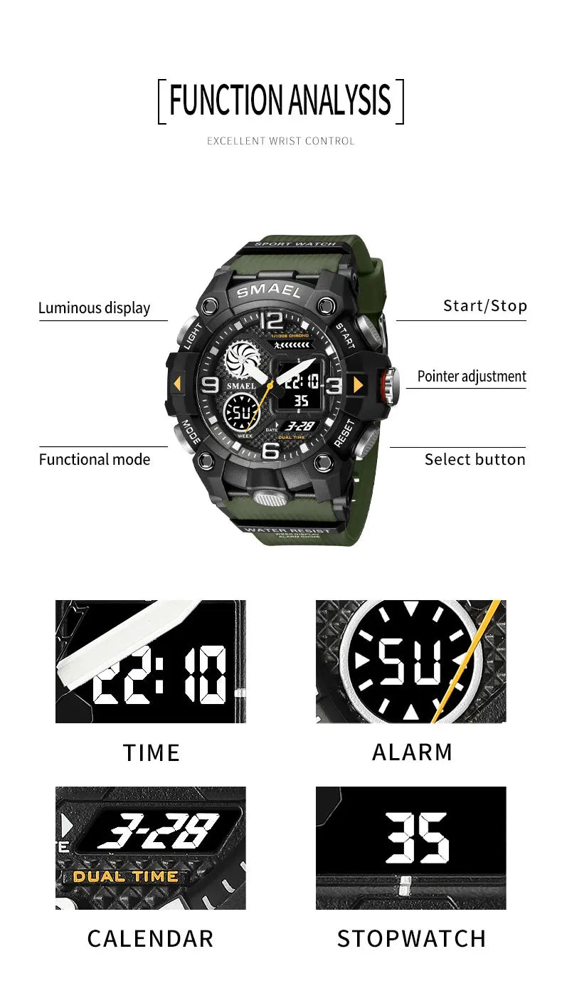 SMAEL Quartz Watch Sport 50M Waterproof Stopwatch Week Display LED Digital Alarm Clock Male 8055 Men Watches Sports Wristwatches