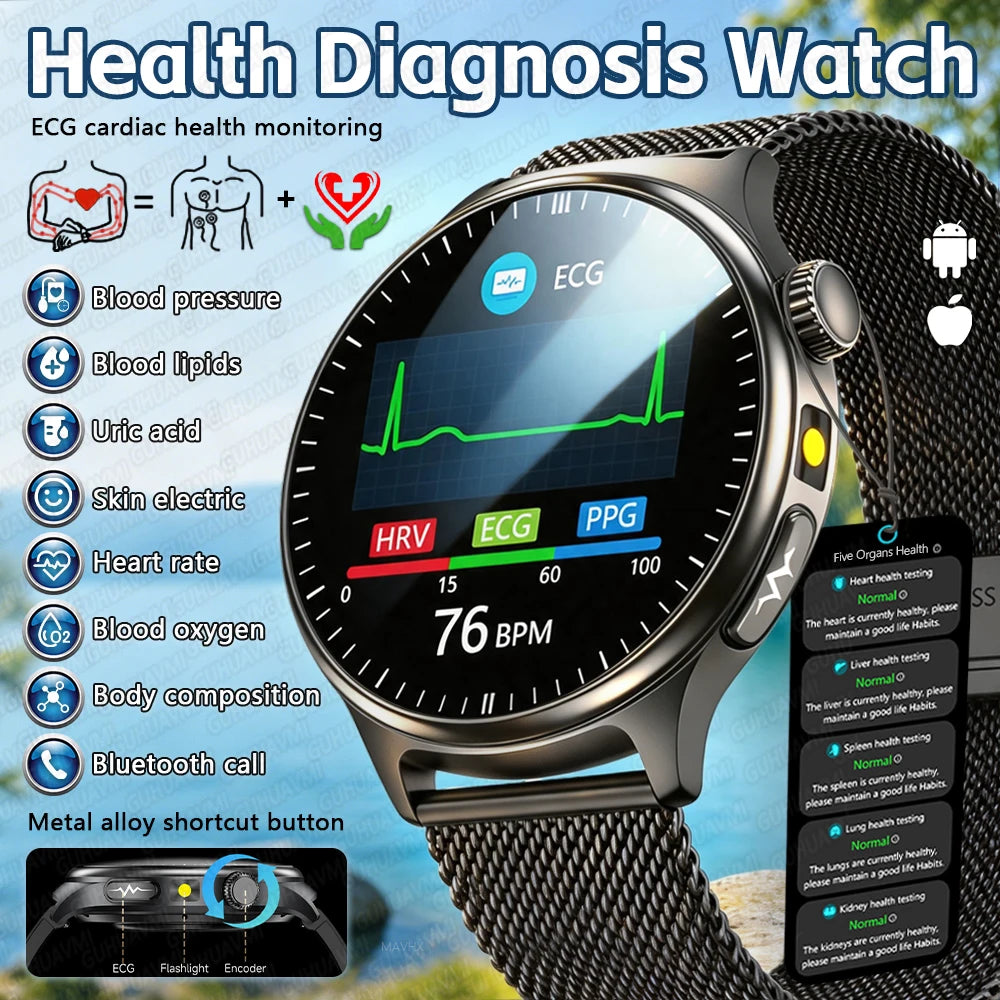 Newly Upgared Precise Health Diagnosis Smart Watch ECG Uric Acid Blood Pressure Micro Physical Examination Clock For Android iOS