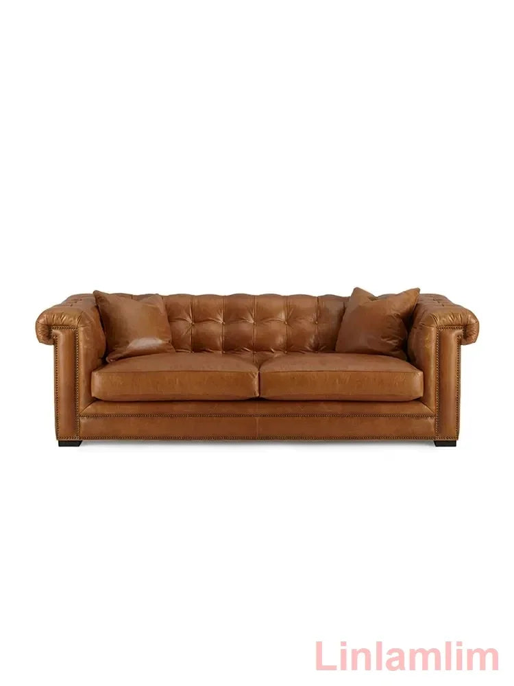 Classic Tufted Couch – Luxury Genuine Leather Chesterfield Sofa 3-Seater with Rolled Arms and Nailhead Trim, for Living Room