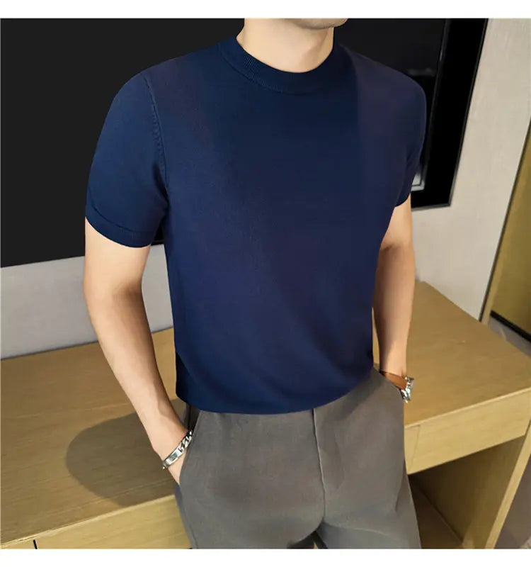 High-quality Men's Short-sleeve Knitted Sweater T-shirt O-Neck Solid Color Men Pullover T Shirts Slim Fit Stretch Undershirt Top