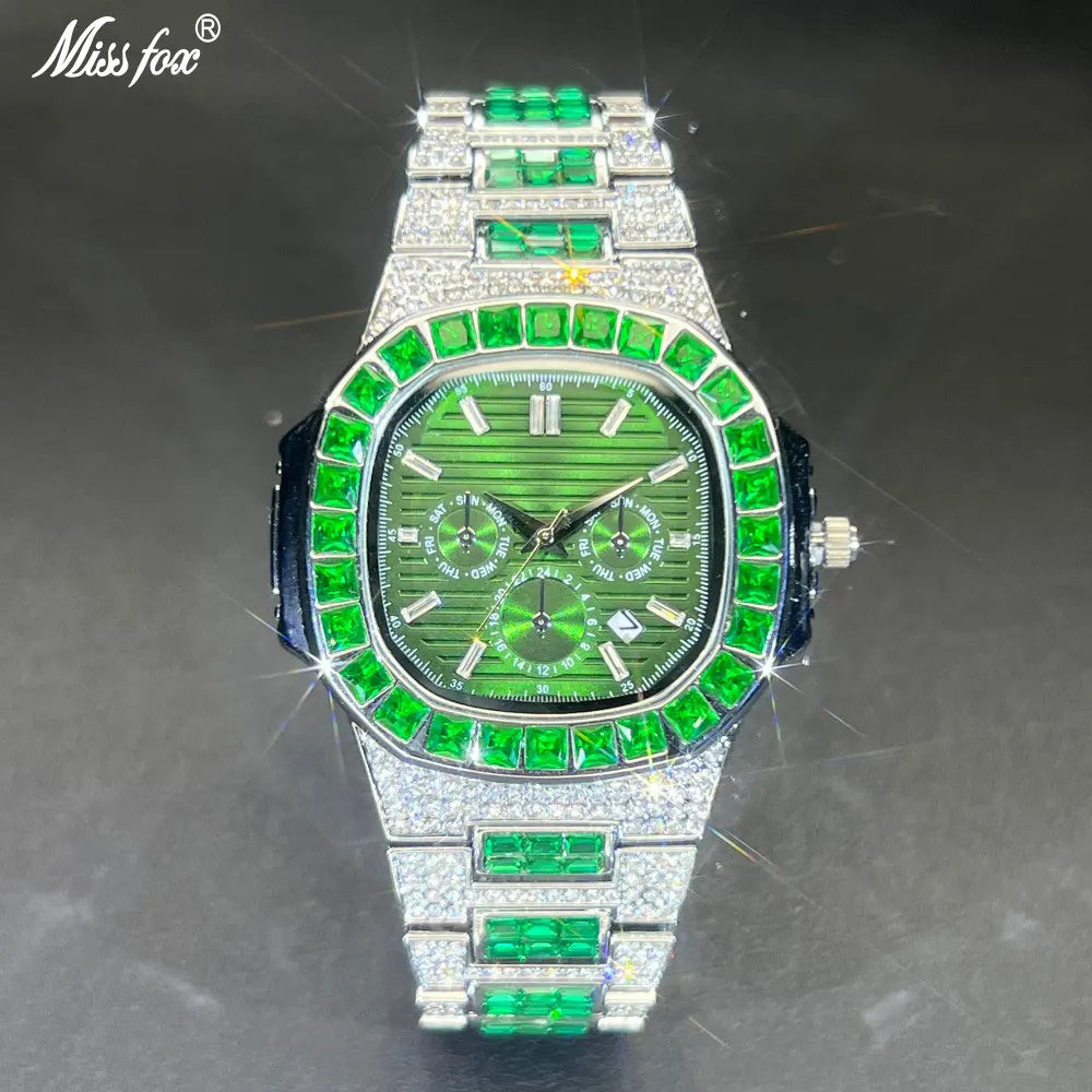 MISSFOX Luxury Watch For Men Green Sliver IcedOut Diamond Hip Hop Quartz Waterproof Clock Men Square Diamond Male Watch 2025 New