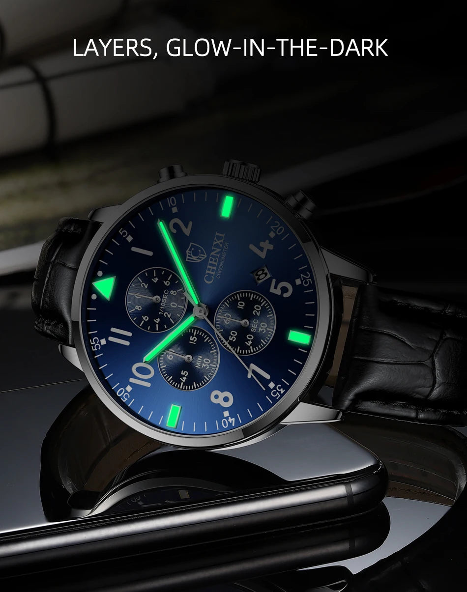 2025 New CHENXI Man Watch 43mm Classic Sports Chronograph Waterproof Luminous Quartz Men's Watches Leather Strap