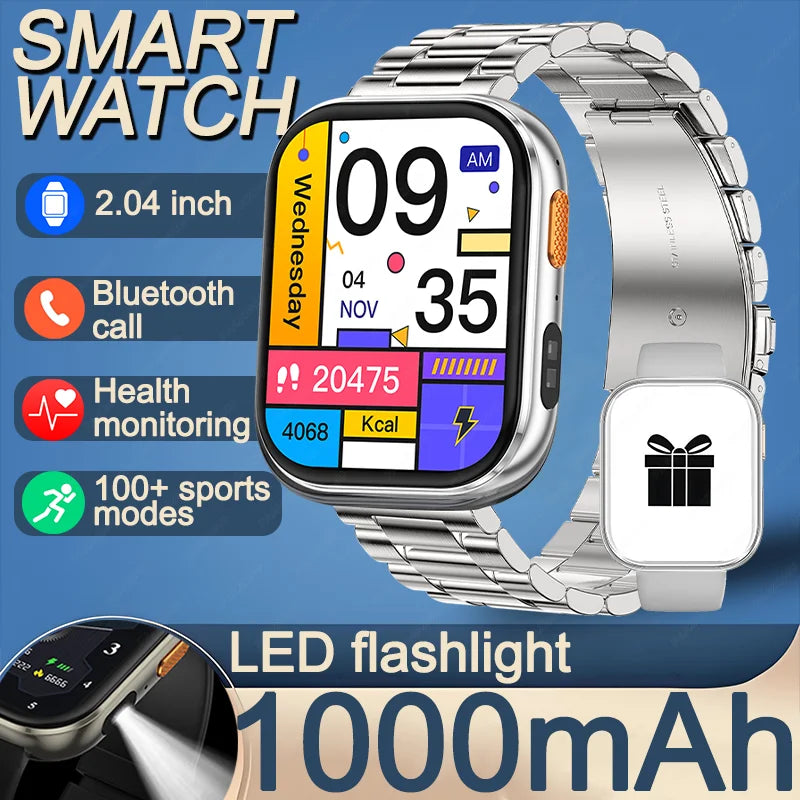 New 1000mAh Large Battery Smartwatch Men Women | 2.04"HD Screen BluetoothCall Heart Rate Monitor Flashlight Sports Fitness Watch