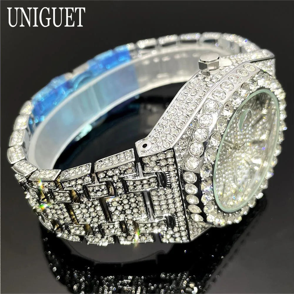 2025 New Luxury Brand UNIGUET Iced Watch For Men Fashion Hip Hop Diamond Waterproof Stainless Steel Wristwatch Male Dropshipping