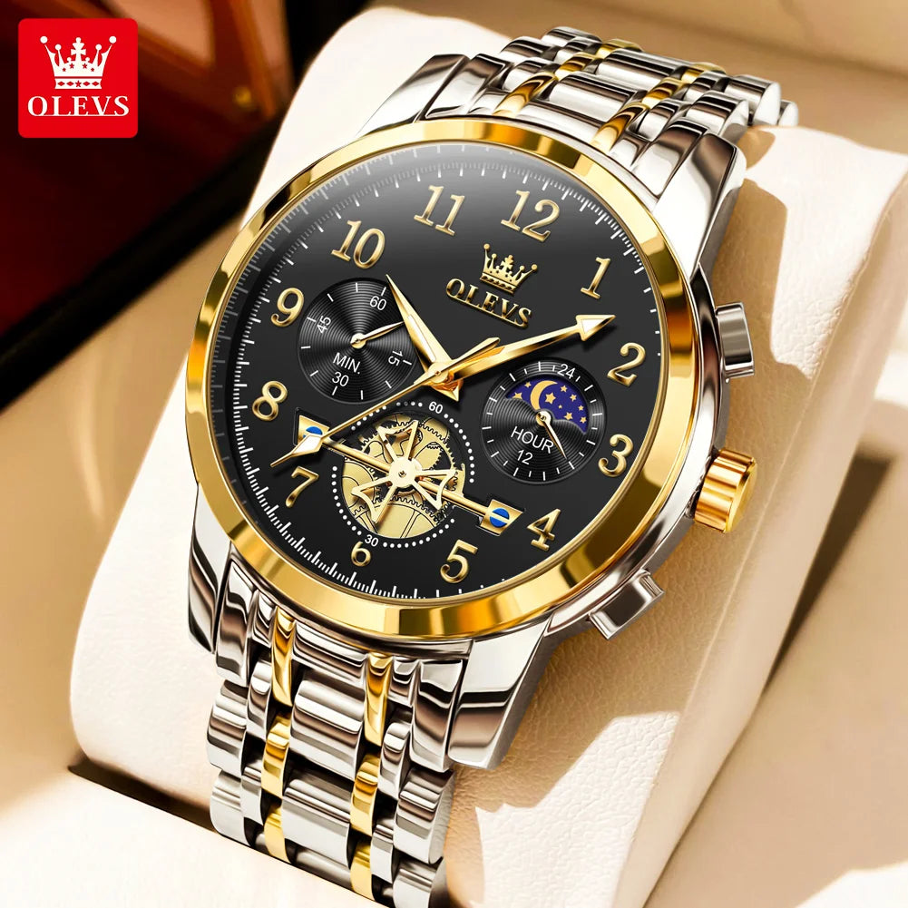 OLEVS 2900 Mens Watch Original Stainless Steel Watches For Men Calendar Moon Phase Quartz Watch Chronograph Freebie Reloj
