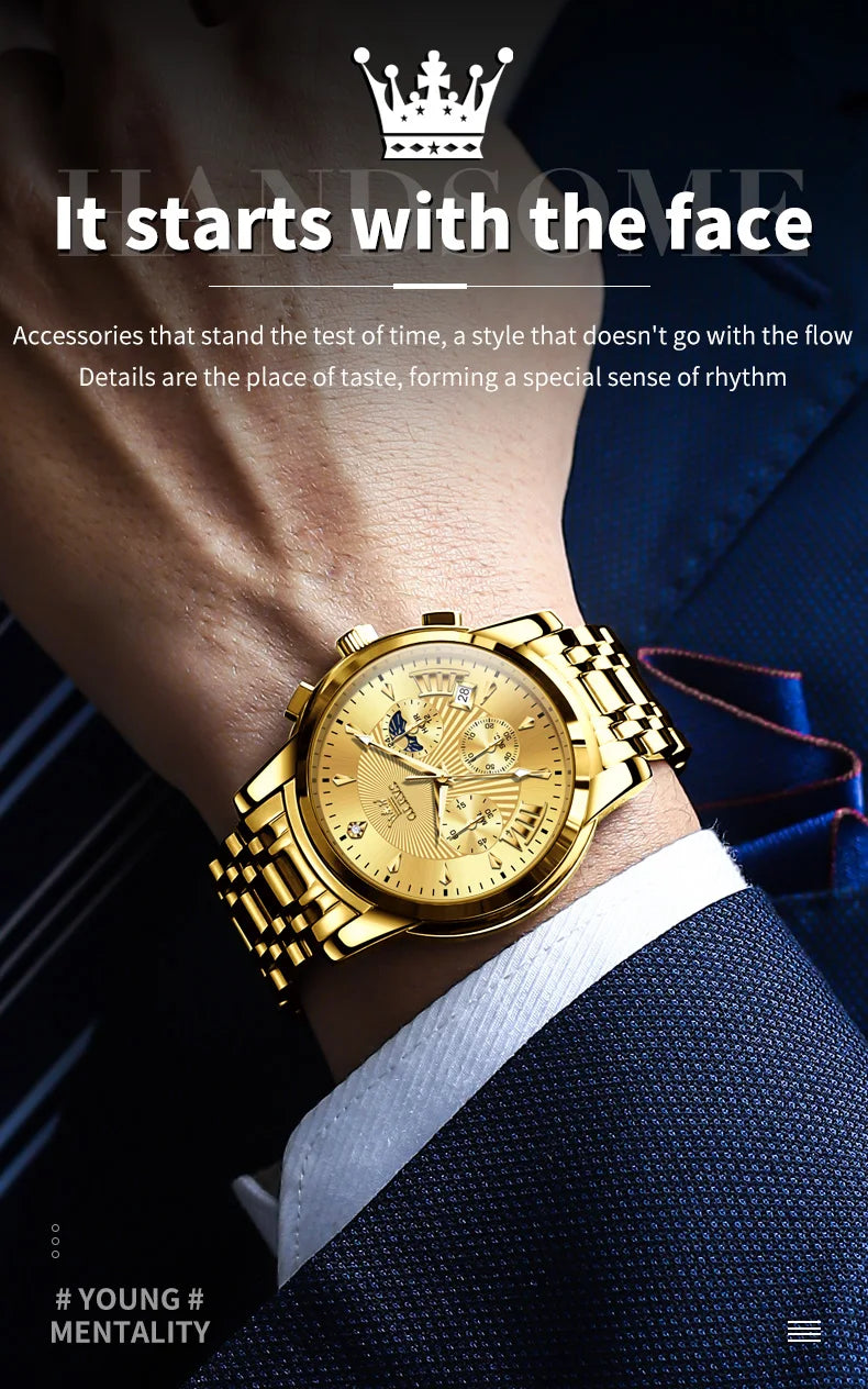 OLEVS 2892 Men Watch Original Quartz Watch Luxury Waterproof Luminous Calendar Moon Phase Chronograph Business Sports Men Watch