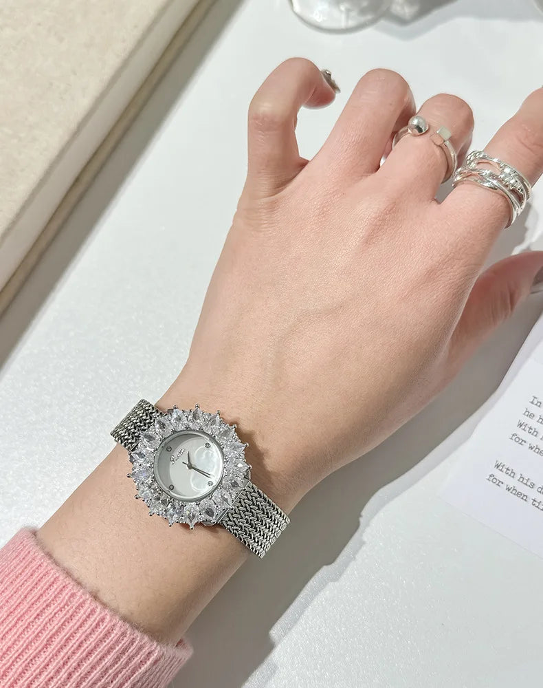 Women Watches for Girls Wrist Quartz Watch Sliver Gold Flower Diamond Orologio Ladies Vintage Wristwatch Stainless Steel Clock