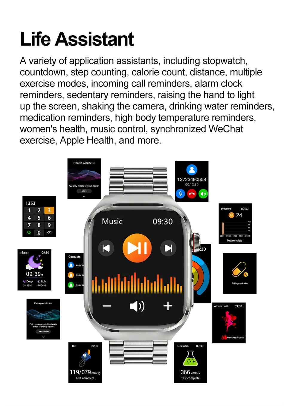 SmartWatch Voice Call Push reminder Physical examination Health Watch Blood Pressure UricAcid Blood Oxygen ECG Sport Smart watch