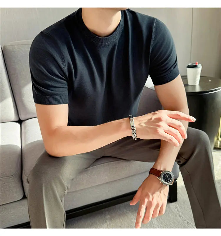 High-quality Men's Short-sleeve Knitted Sweater T-shirt O-Neck Solid Color Men Pullover T Shirts Slim Fit Stretch Undershirt Top