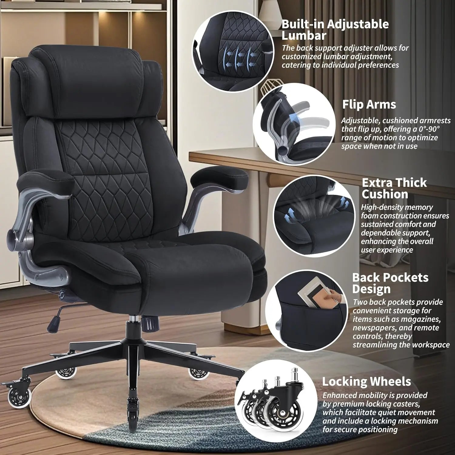 High Back Office Chair Ergonomic Computer Desk Chair with Heavy Duty Base Lumbar Support Thick Padded Large Work Chairs