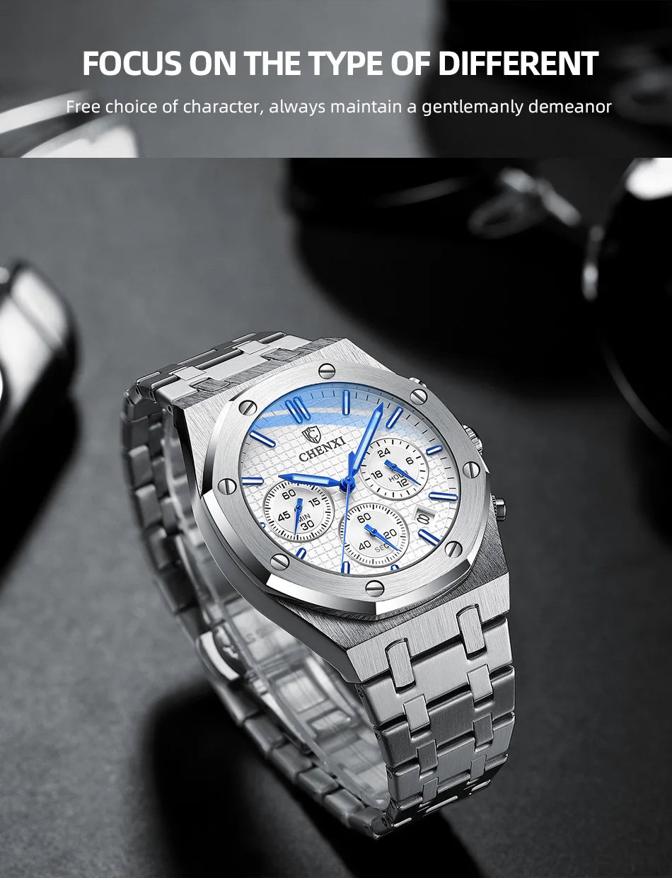 Luxury Business CHENXI Man Watch High Quality Chronograph Moon Phase Quartz Watches Original Waterproof Clock Male New 2025