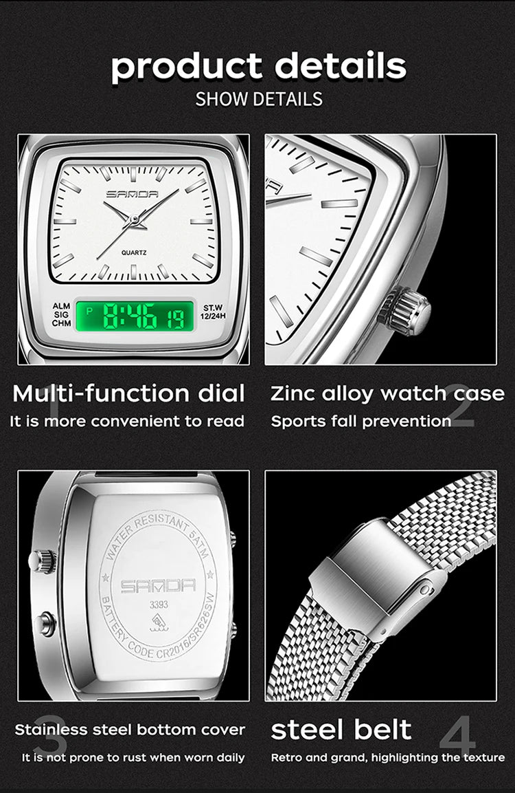 SANDA Outdoor Dual Display Men's Watch Luminous Waterproof TPU Strap Large Dial Chronograph Calendar Sports Wristwatch