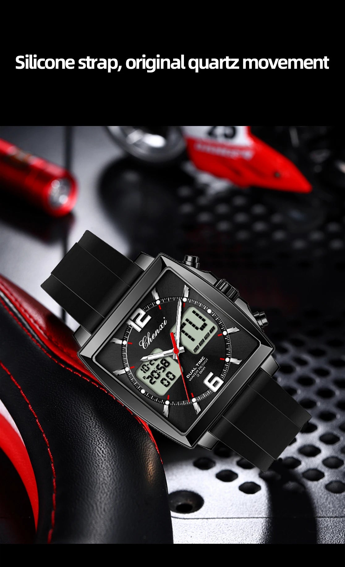 Fashion Casual Men Sports Watch Square Dial Dual Time CHENXI Watches Silicone Strap Waterproof Multifunction Wristwatch Male