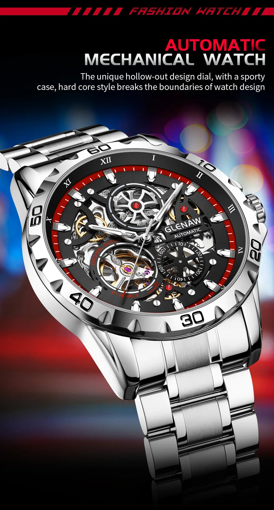 GLENAW Steampunk Skeleton Men's Watch Ring Luxury Automatic Mechanical Watches Luminous waterproof Stainless Steel Strap Watch