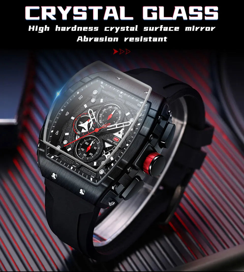 MINI FOCUS Chronograph Quartz Watches for Men Military Sport Silicone Strap Waterproof Wristwatch with Tonneau Dial Auto Date