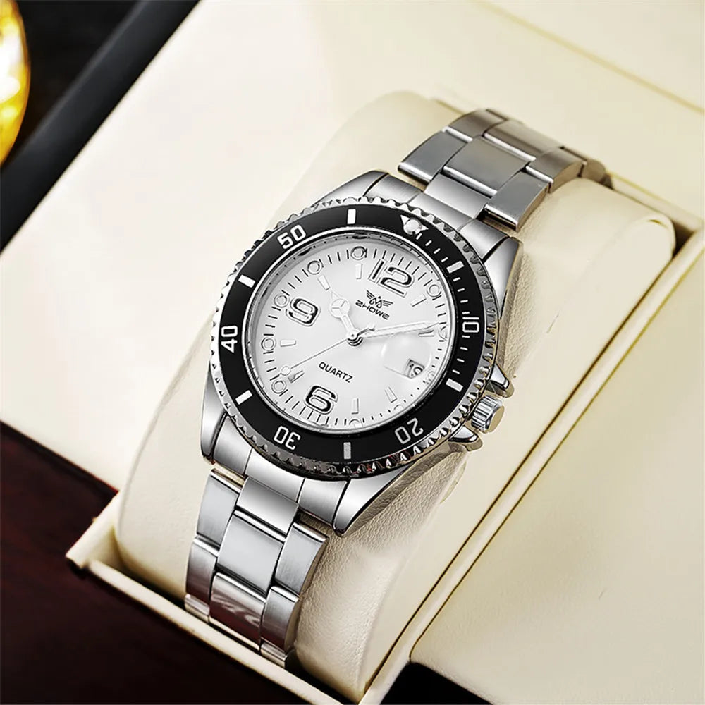 Men Black luxury Brand Sport Calendar Quartz Watch Stylish Silver Stainless Steel Strap Business Men's Clock Wristwatches