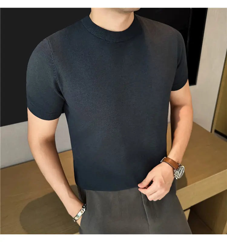 High-quality Men's Short-sleeve Knitted Sweater T-shirt O-Neck Solid Color Men Pullover T Shirts Slim Fit Stretch Undershirt Top