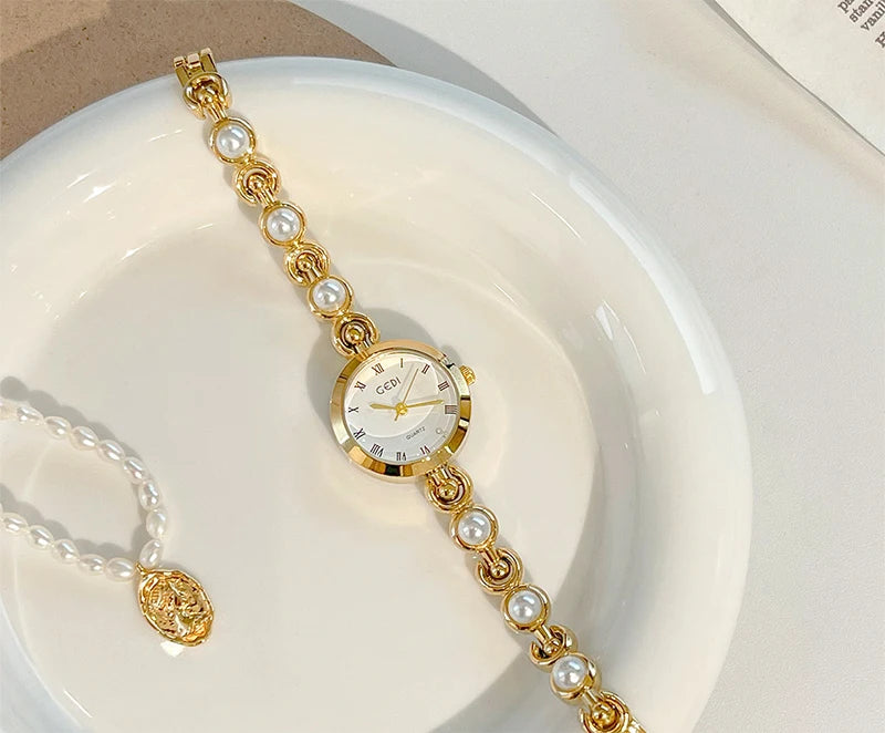 GEDI New Fashion Watch for Women Pearl Chain Temperament Wristwatches Vintage Luxury Elegant Waterproof Quartz Watches Ladies