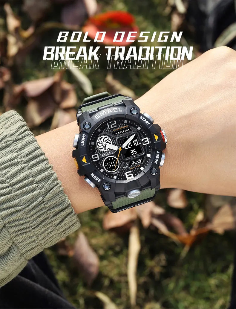 SMAEL Quartz Watch Sport 50M Waterproof Stopwatch Week Display LED Digital Alarm Clock Male 8055 Men Watches Sports Wristwatches