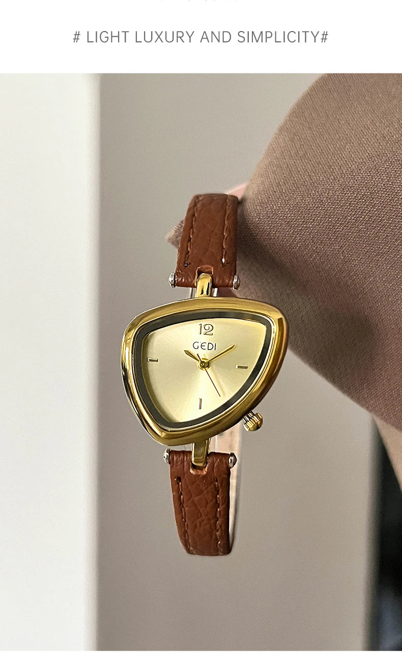 GEDI Vintage Watch Leather Light Luxury Simple Unique Irregular Dial Ladies Watches Elegant Quartz Waterproof Women's Wristwatch