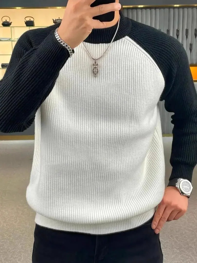 Autumn Winter Mens Sweaters Casual Warm Loose Fashion Patchwork Pullover Retro Harajuku Round Neck Knitted Bottoming Shirt