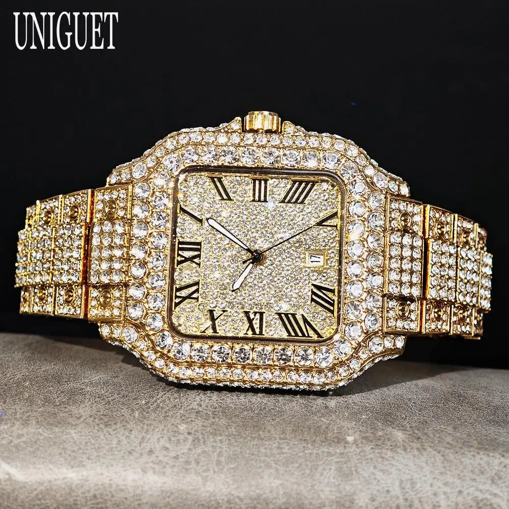 UNIGUET Hot Sale Luxury Iced Watch for Man Fashion Square Watches Men Hip Hop Diamond Bling Jewelry Wristwatch Reloj Hombre