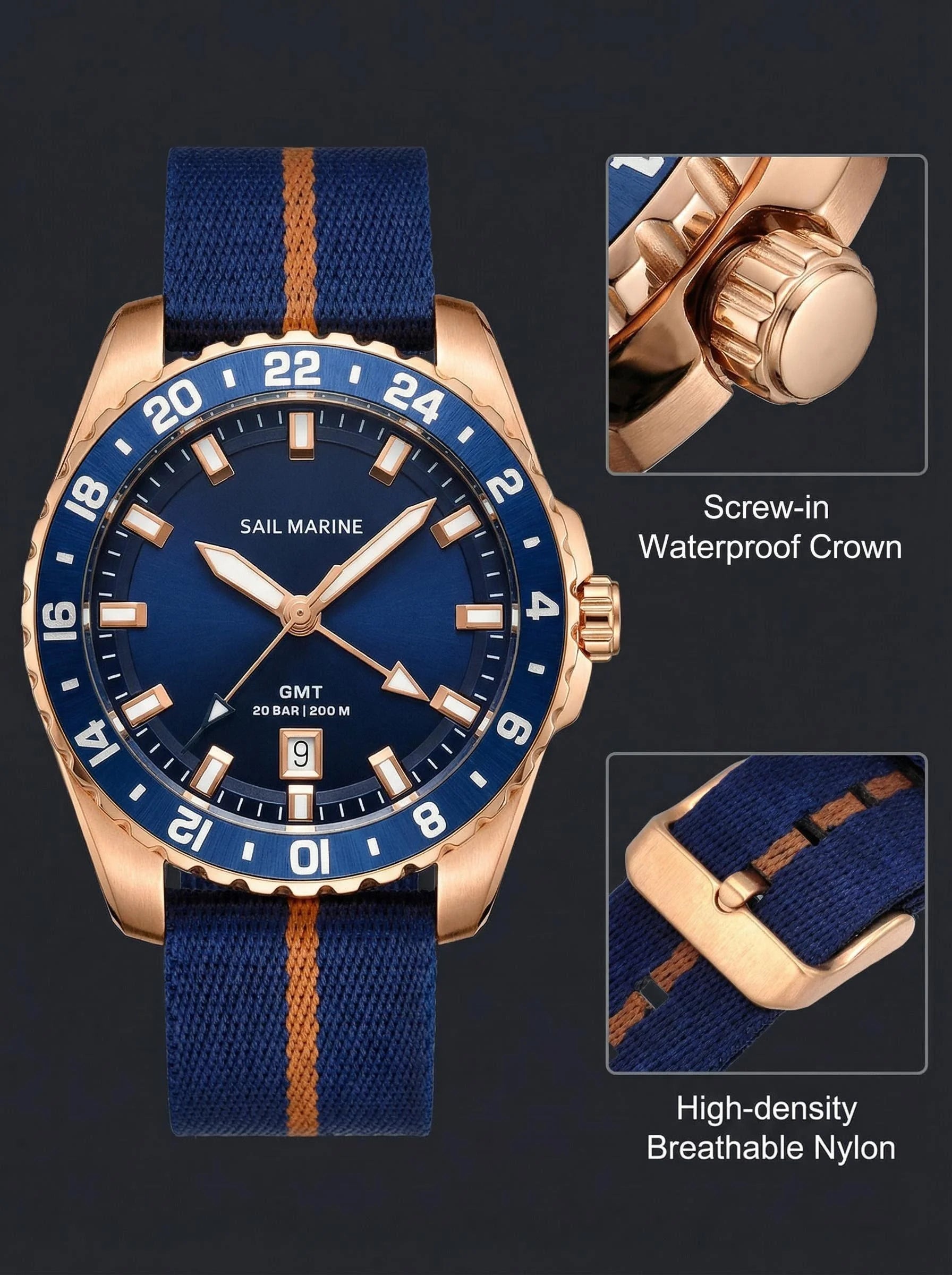 Top Quality Rose Gold Men's Luminous Casual Watch Fabric Strap GMT Quartz Wristwatch Stainless Steel Case 20 Bar Deep Waterproof