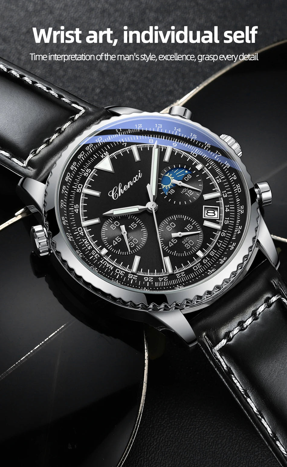CHENXI Fashion Business Watches For Man Round Dial Black Leather Band Men's Watches Luminous Waterproof Man Watch