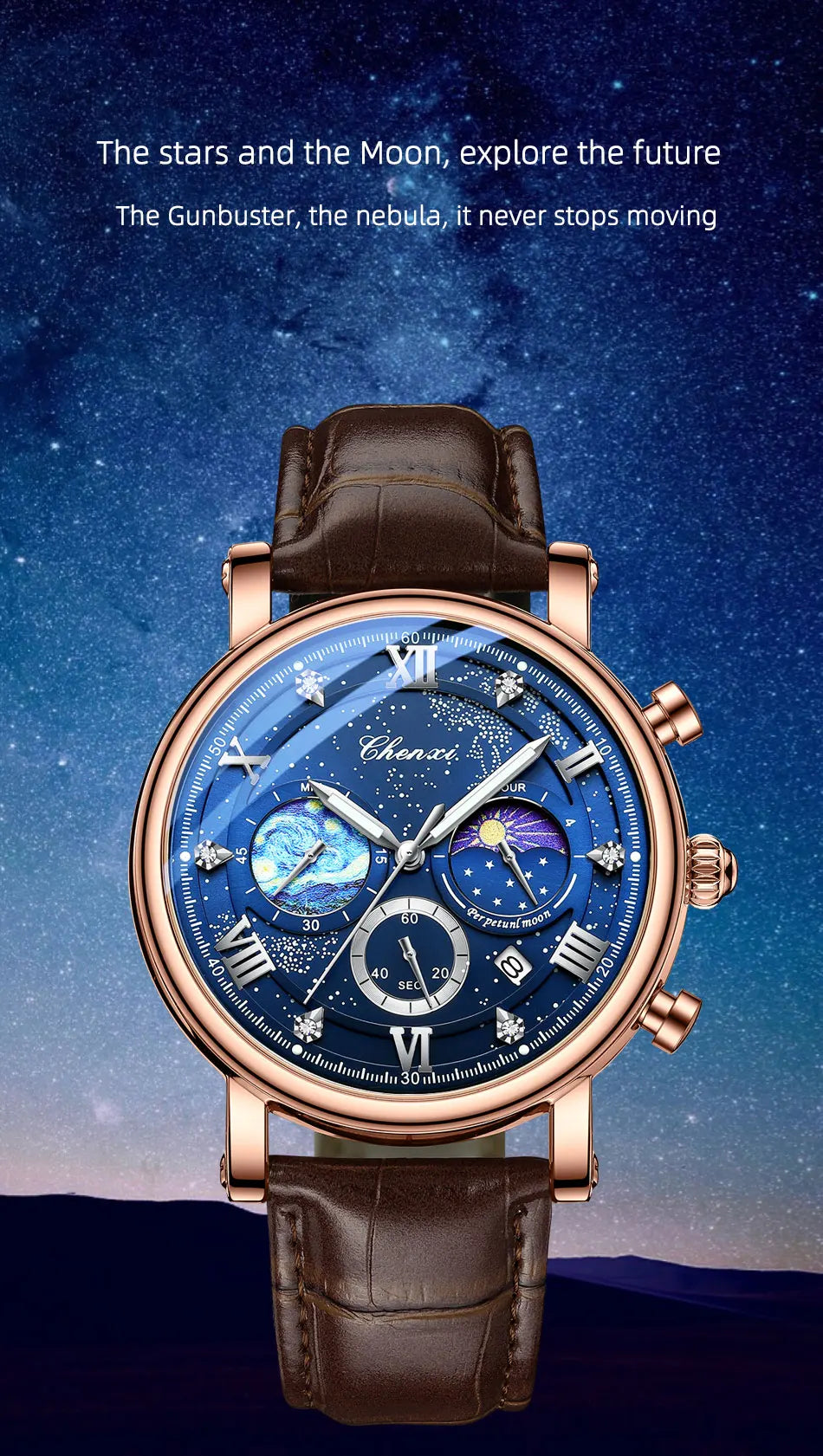 CHENXI Multi-functional Fashion Men's Watches Luminous Moon Phase Chronograph Men Wristwatches Calendar Quartz Watch For Man