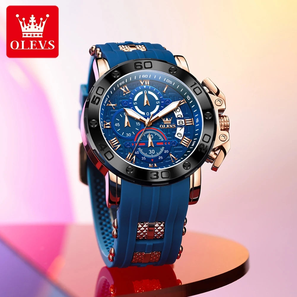 OLEVS 51mm Large Dial Quartz Watch for Men Silicone Strap Waterproof Luminous Auto Date Chrono Roman Numeral Scale Men's Watches
