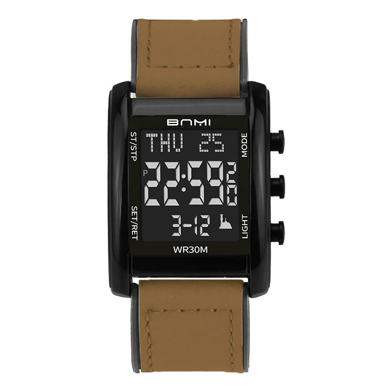 BNMI Men's Digital Watch Multifunctional Square Electronic Man Watches Luminous Weekly LED Display Alarm Stopwatch