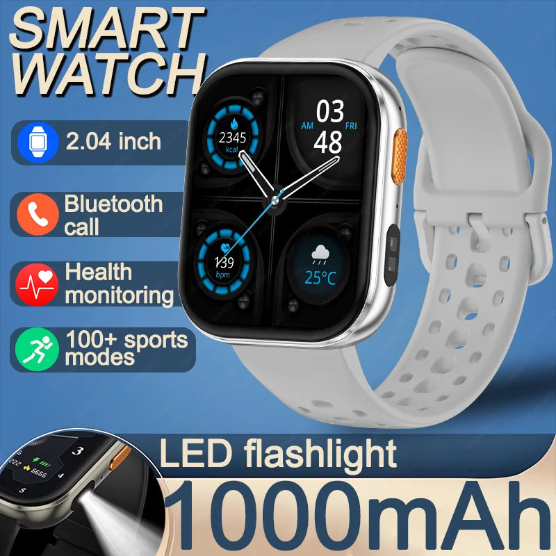 New 1000mAh Large Battery Smartwatch Men Women | 2.04"HD Screen BluetoothCall Heart Rate Monitor Flashlight Sports Fitness Watch