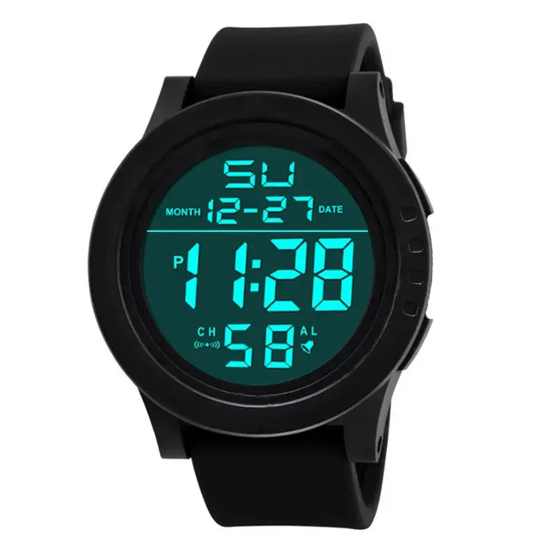 Mens Women Digital Watch Big Dial Light LED Swim Waterproof Rubber Band Alarm Black LED Watches