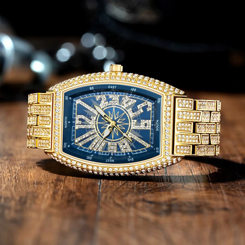Luxury Gold Watches Men Brand MISSFOX Fashion Hip Hop lce Diamond Sun Pattern Literal Quartz Wristwatch Male Dropshipping Hot