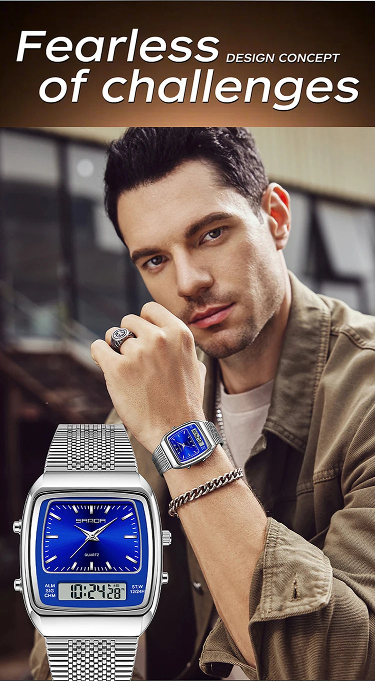 SANDA Outdoor Dual Display Men's Watch Luminous Waterproof TPU Strap Large Dial Chronograph Calendar Sports Wristwatch