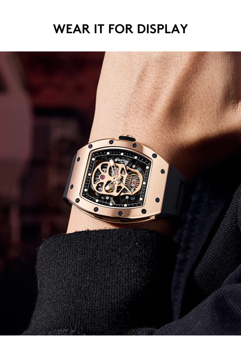 Unique Men Watch Tonneau Casual Wristwatch Soft Silicon Band Fashion Men's Wrist Watches Hollow Out Analog Automatic Watches