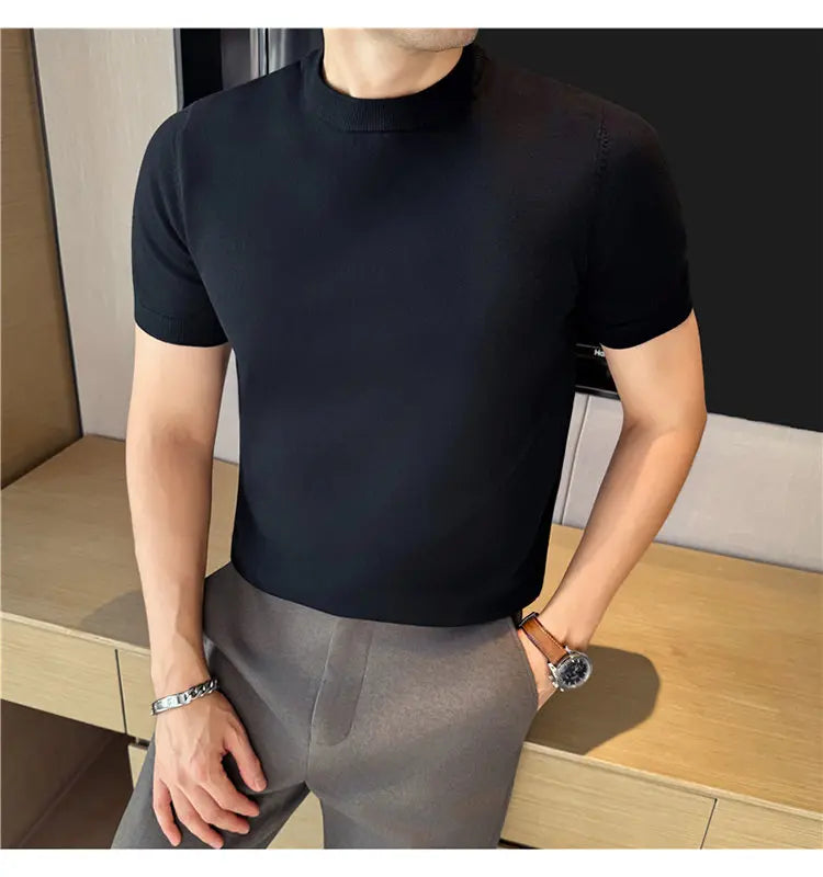 High-quality Men's Short-sleeve Knitted Sweater T-shirt O-Neck Solid Color Men Pullover T Shirts Slim Fit Stretch Undershirt Top