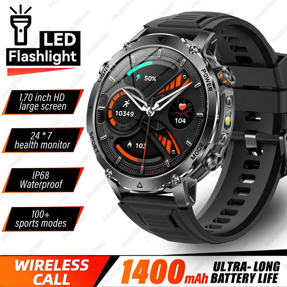 Brand+ Military 1400mAh Battery Smart Watch Men Outdoor Flashlight 10ATM Waterproof Heart Rate Bluetooth Call Sports Bracelets