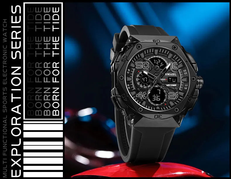 SMAEL Men's Sport Digital LED Watch Dual Time Stopwatch Alarm Clock 50M Waterproof 8113 Wristwatch Sports Army Military Watches