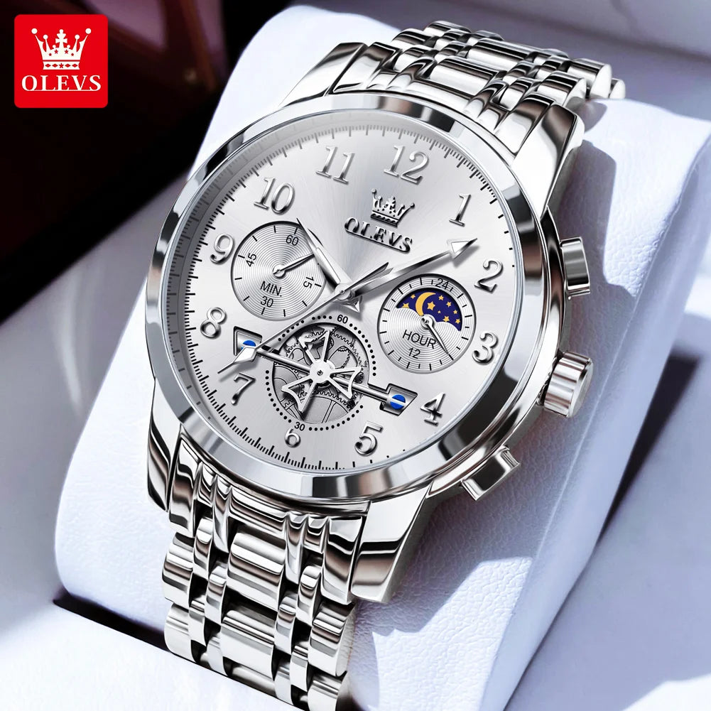 OLEVS 2900 Mens Watch Original Stainless Steel Watches For Men Calendar Moon Phase Quartz Watch Chronograph Freebie Reloj