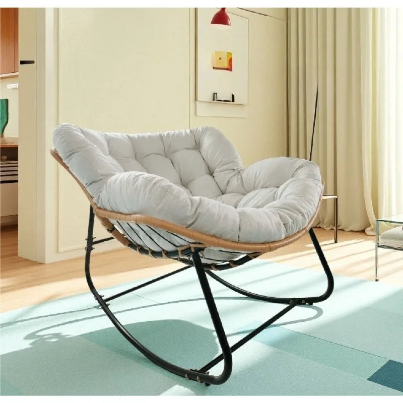 Rattan Rocking Chair with Thick Cushion Modern Wicker Oversized Lounge Egg Chair for Outdoor Patio Garden Indoor Home Furniture