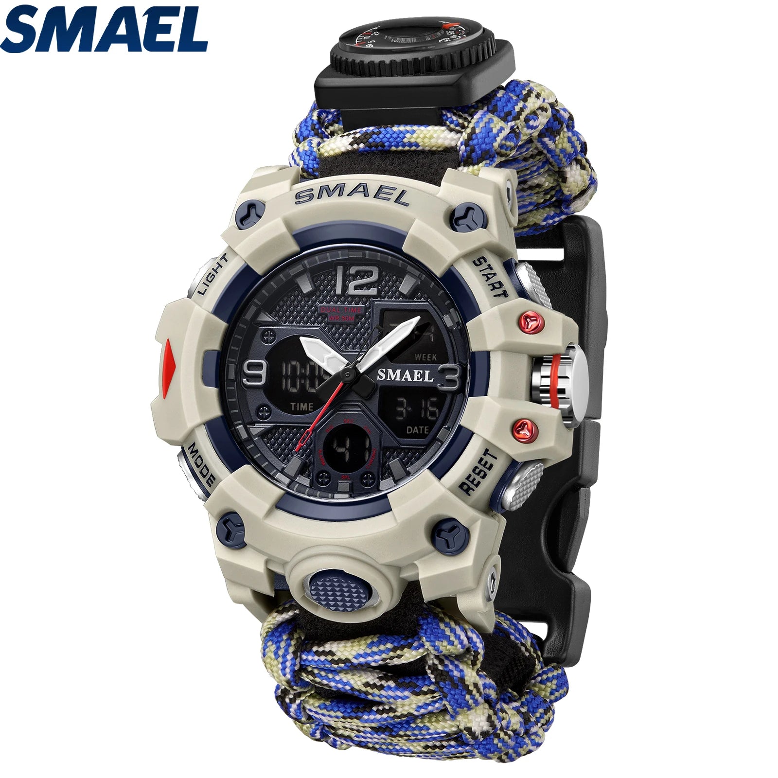 SMAEL 8008N Men's Military Sport Watch - 50M Waterproof LED Dual Time Alarm Stopwatch Compass SOS Shockproof