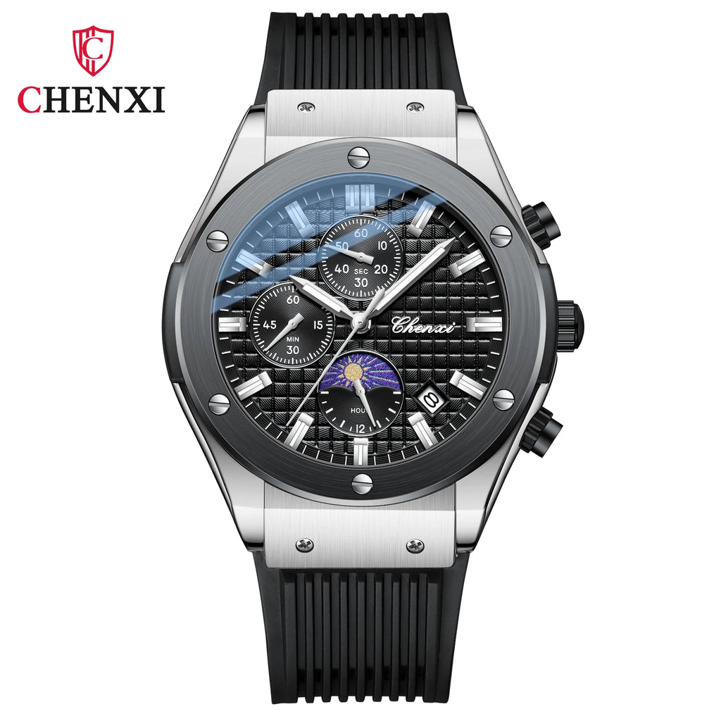 CHENXI Original Watch Quartz Waterproof Sports Watches Men Silicone Strap Chronograph Calendar Multi Functional Wristwatches