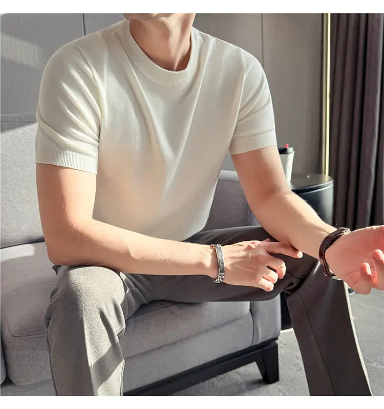 High-quality Men's Short-sleeve Knitted Sweater T-shirt O-Neck Solid Color Men Pullover T Shirts Slim Fit Stretch Undershirt Top