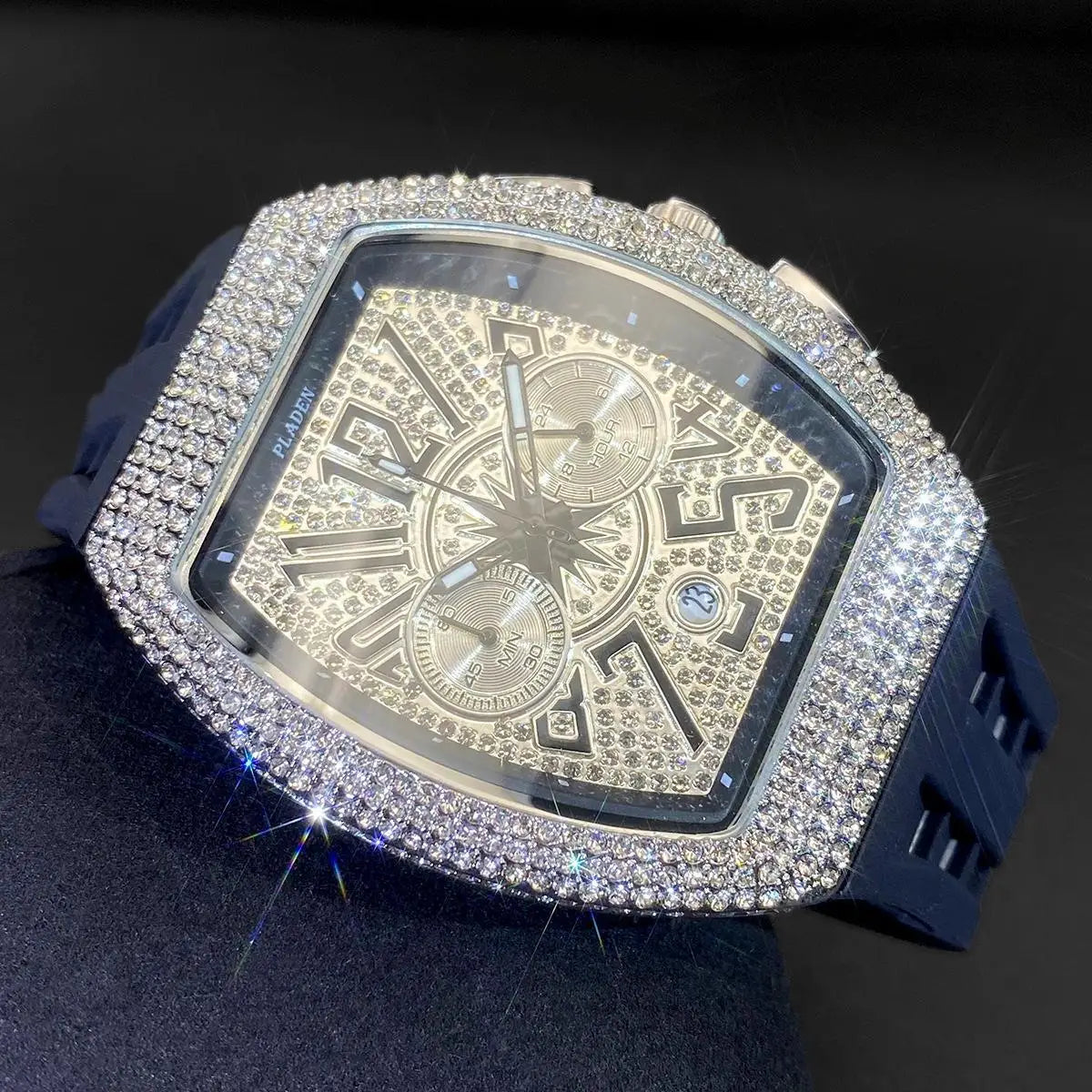 PLADEN Fashion Iced Out Watches Men Casual Blue Silicone Strap Quartz Wristwatch Man's Luxury Diamond Bling Tonneau Clocks 2026