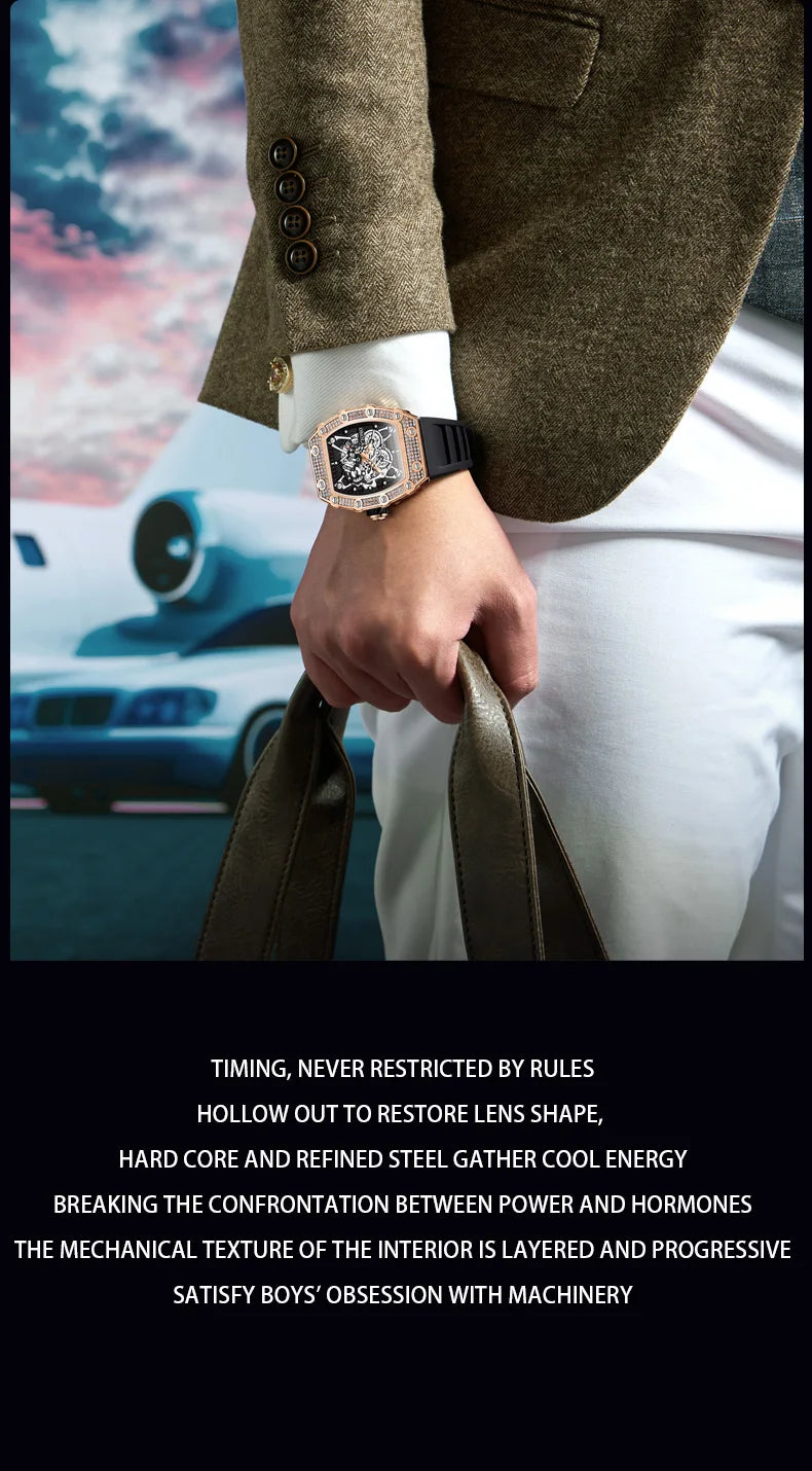 ONOLA Fashion Watch For Men Automatic Date Sports Silicone Strap Tonneau Clock Iced Diamond Quartz WristWatch Reloj Dropshipping