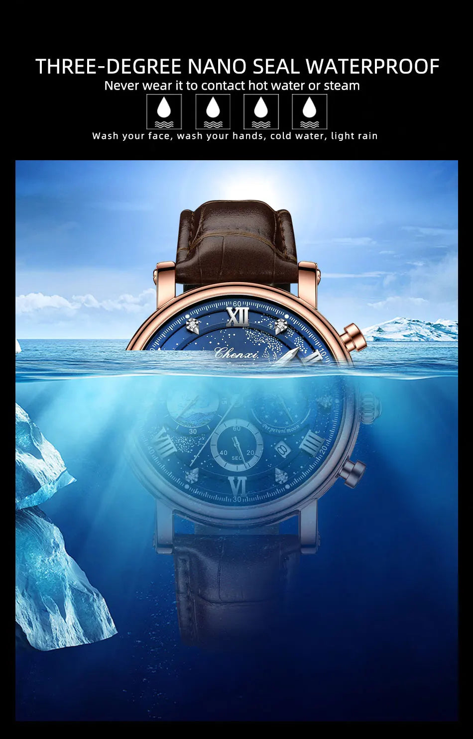 CHENXI Multi-functional Fashion Men's Watches Luminous Moon Phase Chronograph Men Wristwatches Calendar Quartz Watch For Man