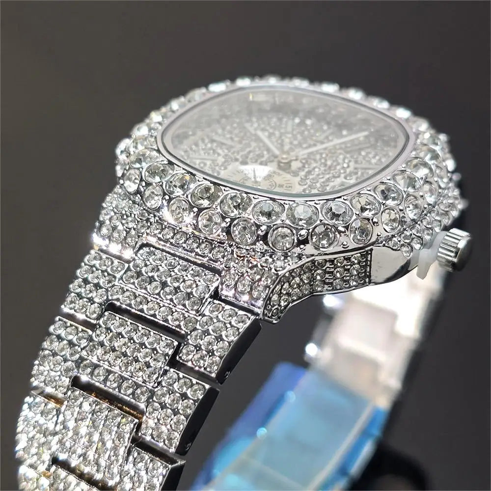 Hot Sell Luxury Iced Watch Mens Fashion Stainless Steel Gold Wristwatch Hip Hop Diamond Bling Jewelry Watch For Man Reloj Hombre