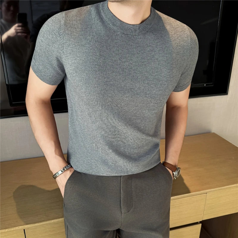 High-quality Men's Short-sleeve Knitted Sweater T-shirt O-Neck Solid Color Men Pullover T Shirts Slim Fit Stretch Undershirt Top