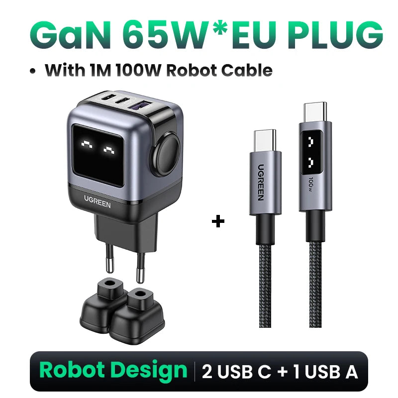 UGREEN 65W GaN Charger Uno Robot Design Quick Charge 4.0 3.0 PPS PD Fast Charger for iPhone 17 16 15 Pro Macbook  Laptop Tablet